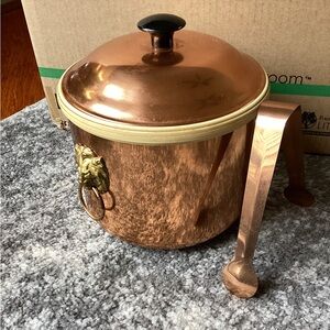 Vintage CopperCraft Guild Ice Bucket with Brass Lion Handles & Ice Tongs